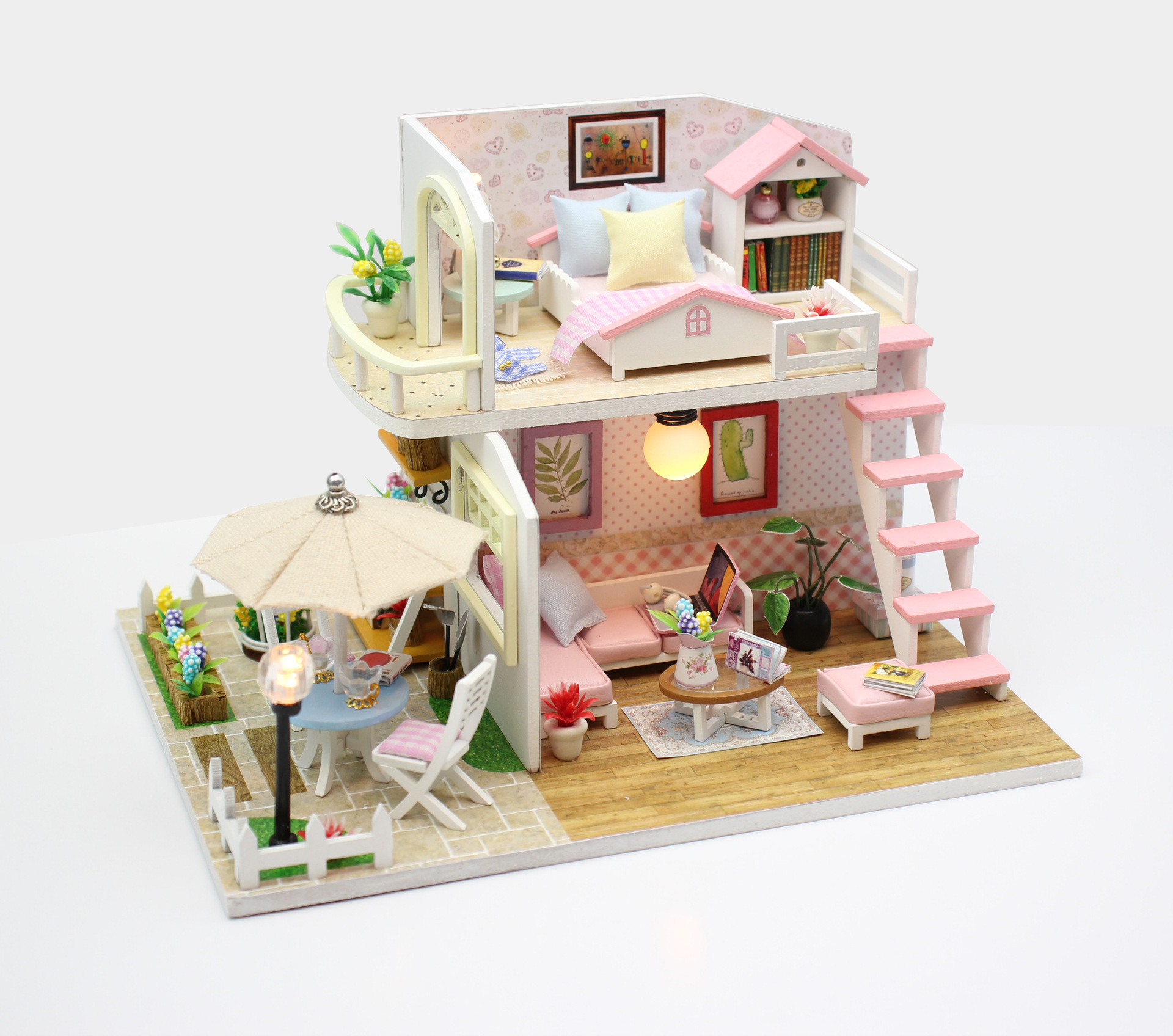 弘达diy小屋粉黛阁楼 手工拼装迷你别墅模型 木质diy小屋创意礼品