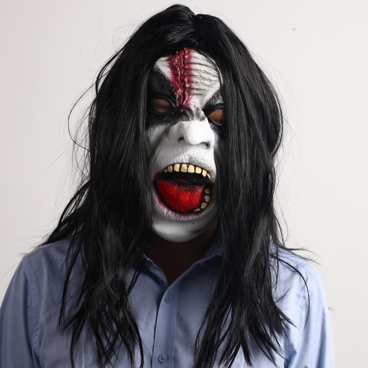 恐怖黑色长发鬼脸面具万圣节吓人假面道具黑眼圈假发舞会演出乳胶