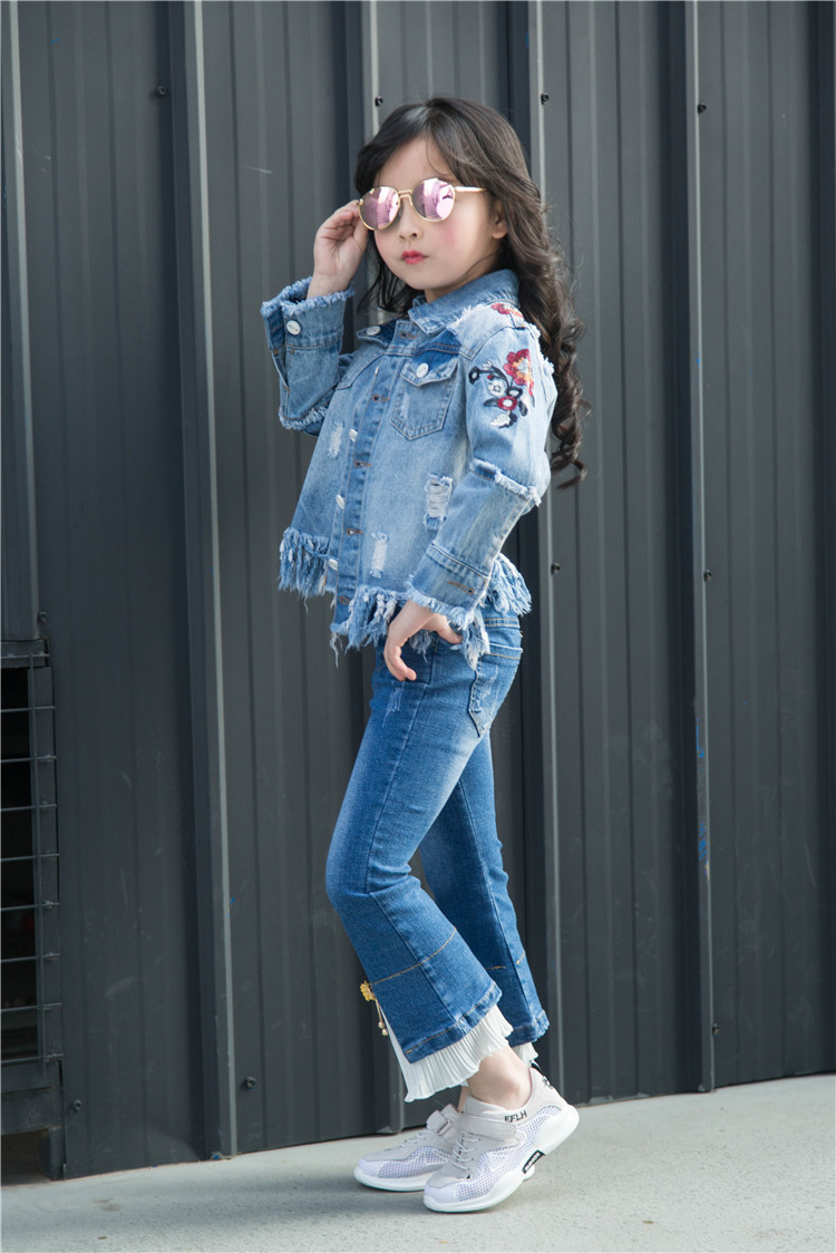 贝贝说厂家直销2018春款童裤时尚潮流女童甜美花边牛仔微喇喇叭裤