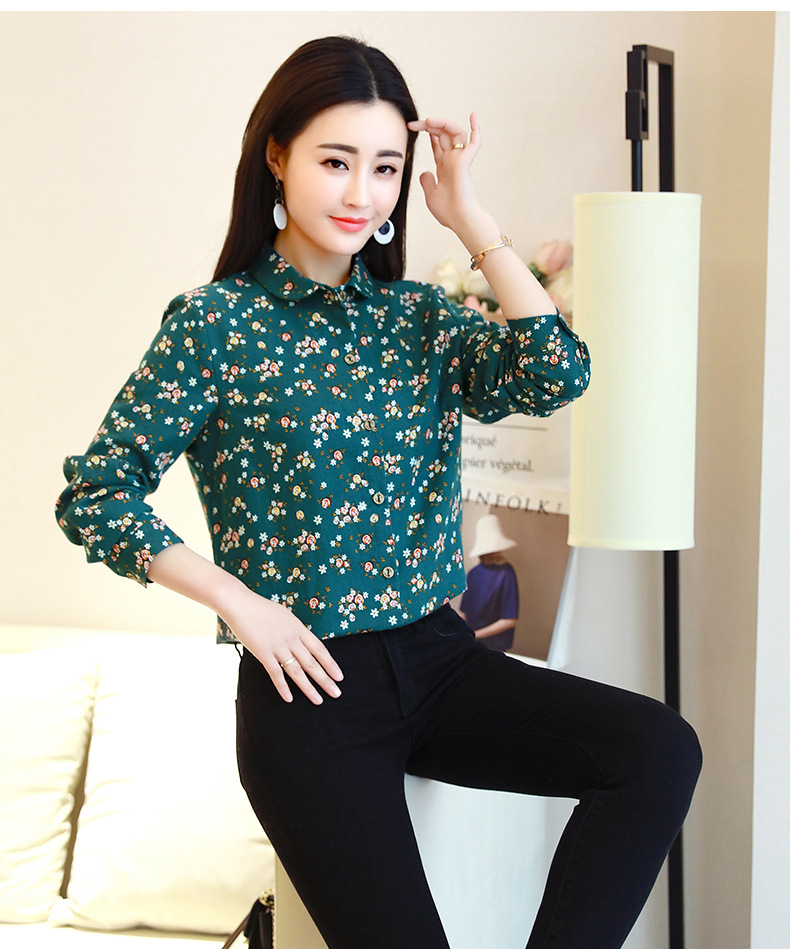 全棉小碎花衬衫女长袖早秋新款女装2018宽松百搭纯棉花色打底衬衣