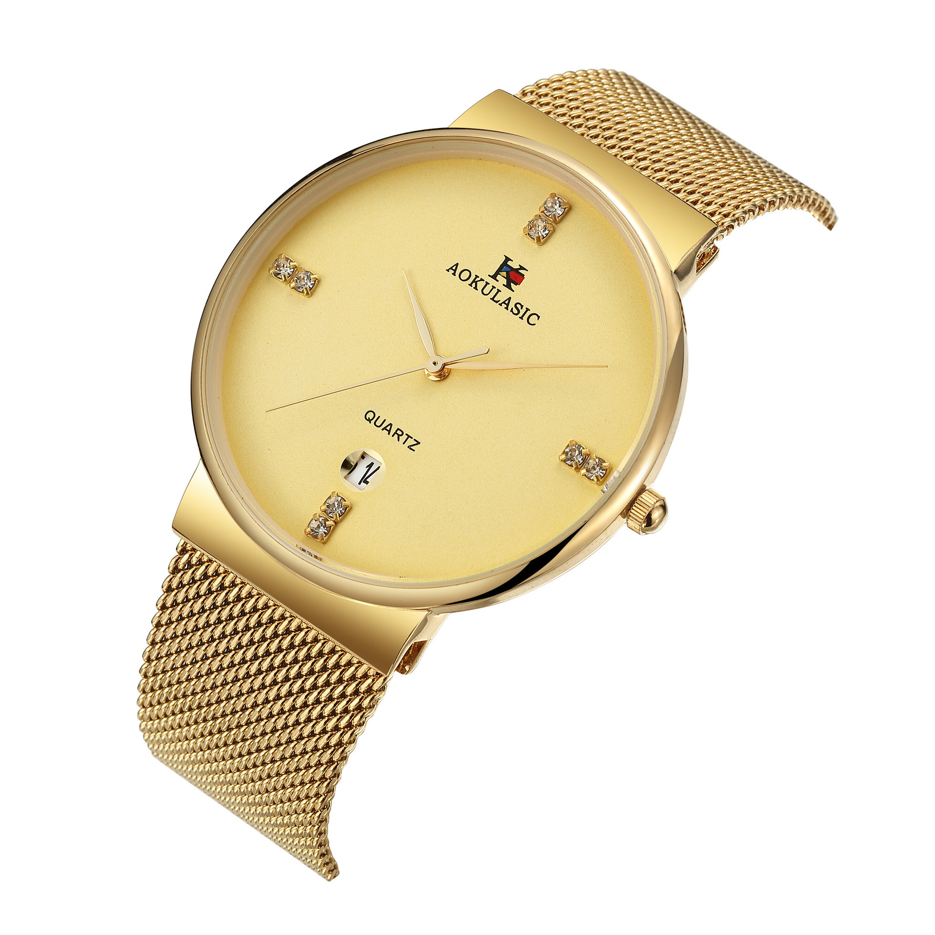 跨境ebay亚马逊厂家直销aokulasic带日历石英钢带男士手表