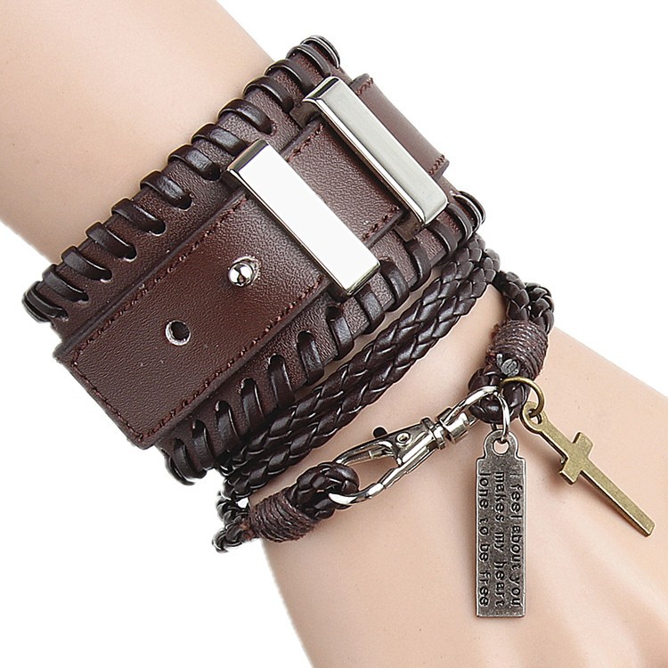 创意组合款皮手链 非主流朋克双层宽皮护腕十字架皮手镯