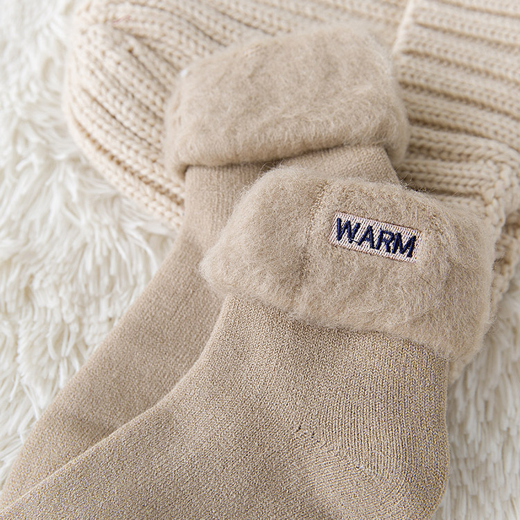 袜子 加厚毛圈袜子女日系刺绣字母翻口拉绒毛圈女士中筒袜子纯色