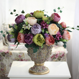 装饰摆件欧式复古树脂雕刻玫瑰花瓶客厅餐桌家玄关居饰品插花摆设