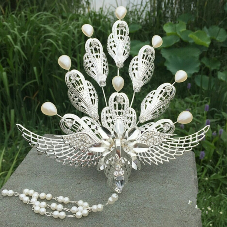 古装女发饰头饰中式新娘流苏发梳头冠宫廷复古贵妃金银色孔雀凤冠