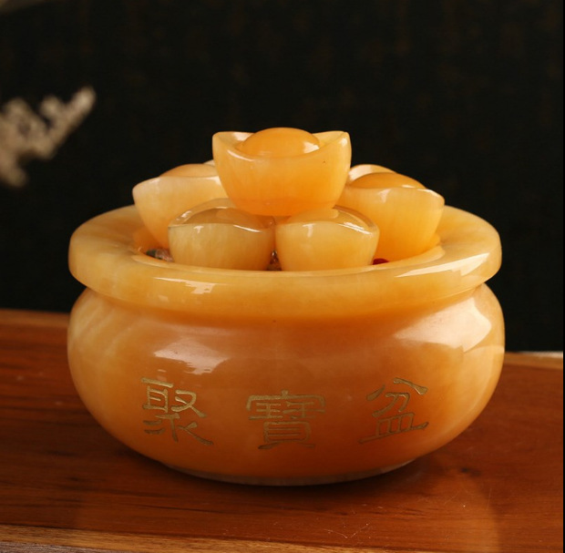 天然米黄玉聚宝盆摆件元宝聚财家居饰品客厅招财玉石玉器风水摆件