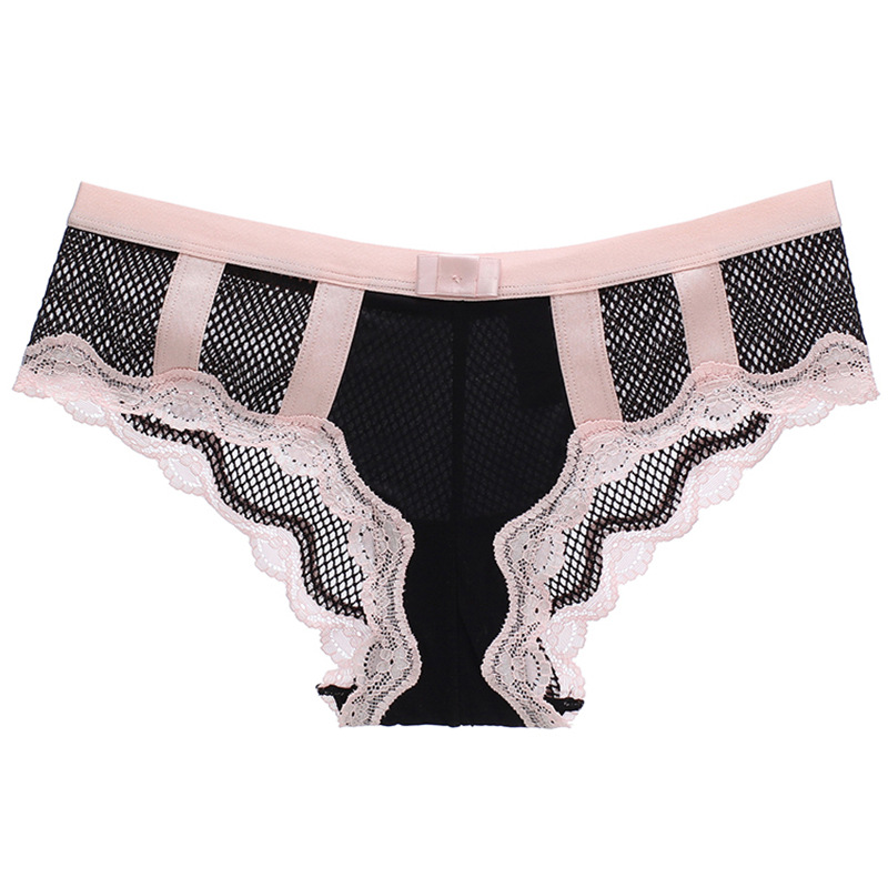 欧美性感拼色网格镂空女士内裤 中腰透气提臀收腹蕾丝边内裤女