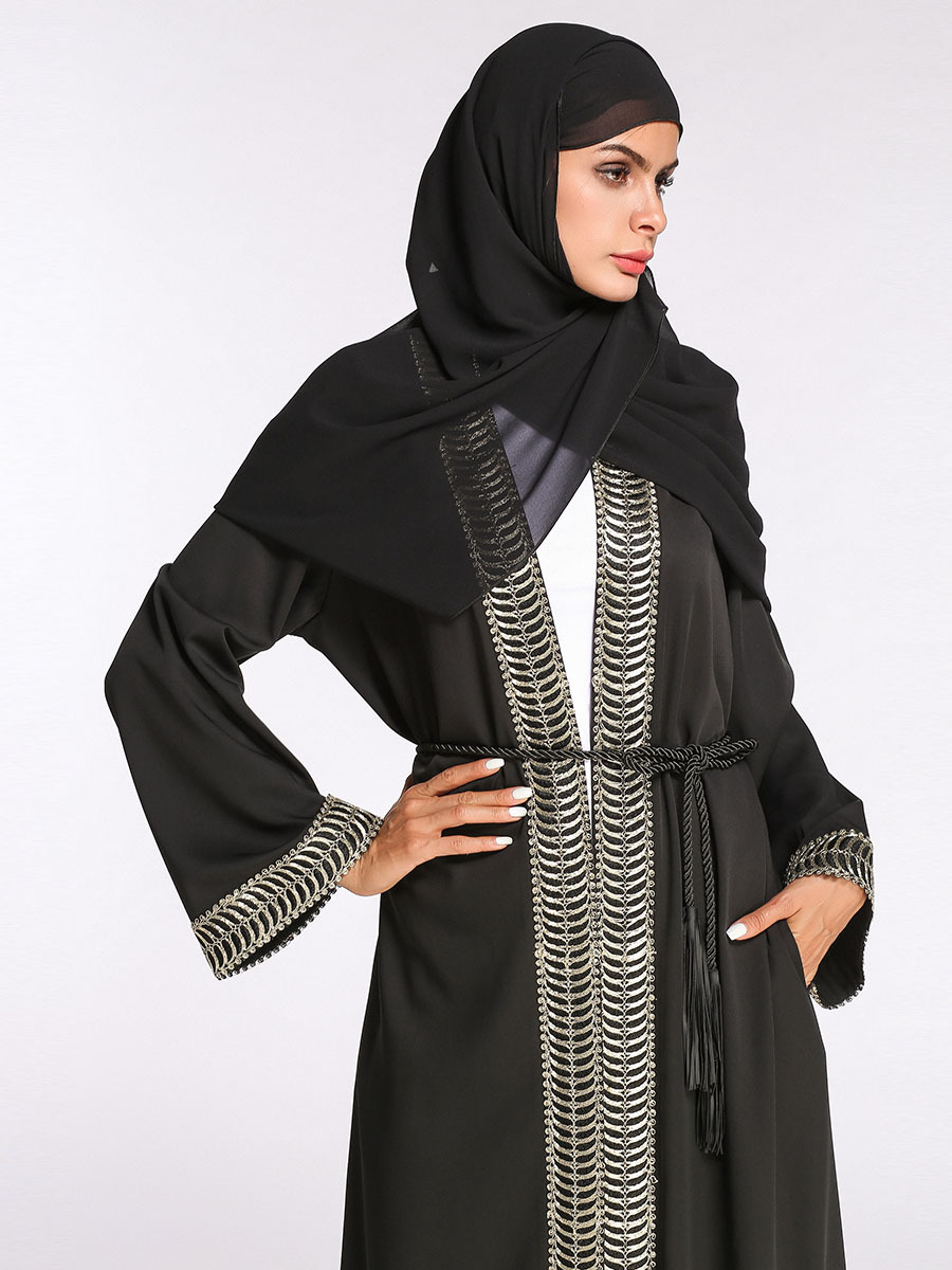 7115欧美开衫纯色开衫长外套连衣裙 穆斯林阿拉伯长袍 赠头巾