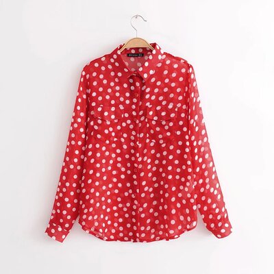 跨境速卖通7j9284 18夏季新款复古法式红色波点长袖衬衫女