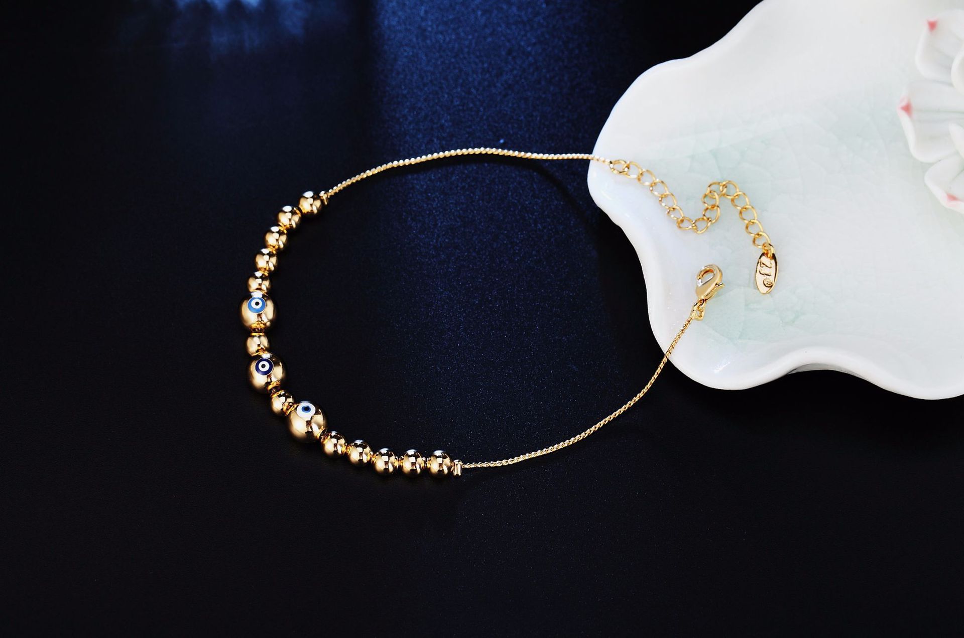 时尚佛珠手链 女式白金色沙运珠滴胶光珠手饰品 镀金圆珠手链