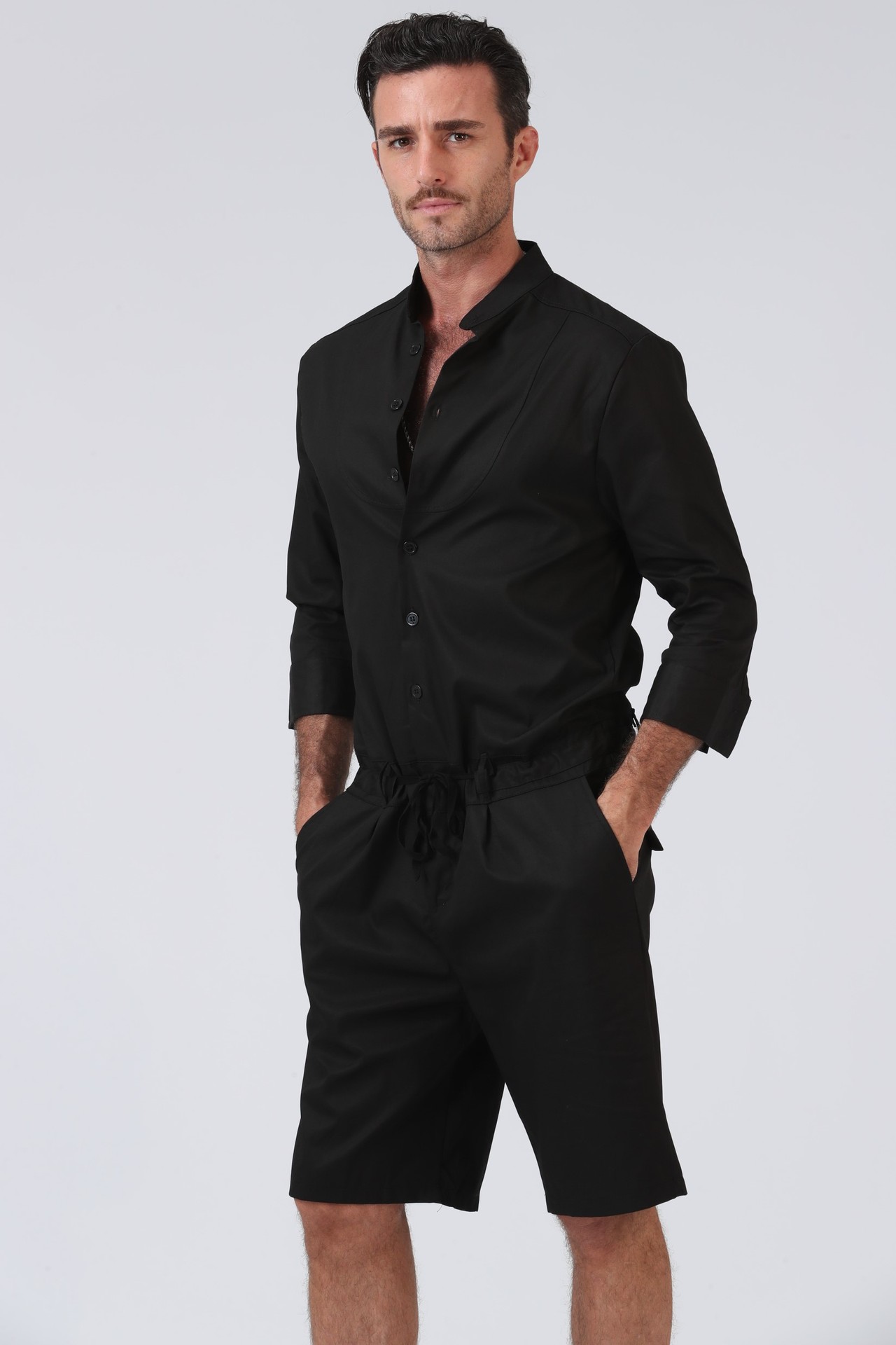 夏季男士立领休闲七分短袖衬衫青年潮男时尚连体衣休闲短裤子