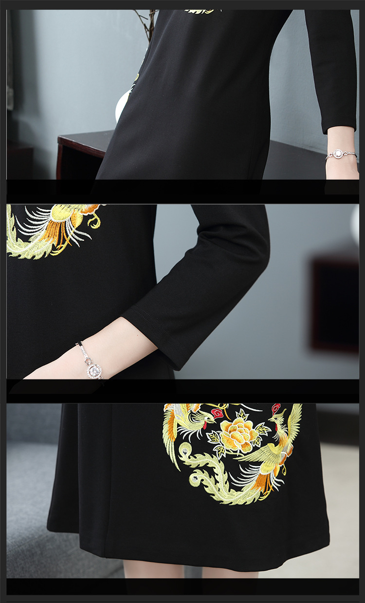 2018秋冬新款改良旗袍中国风领撞色纽扣刺绣旗袍连衣裙186401