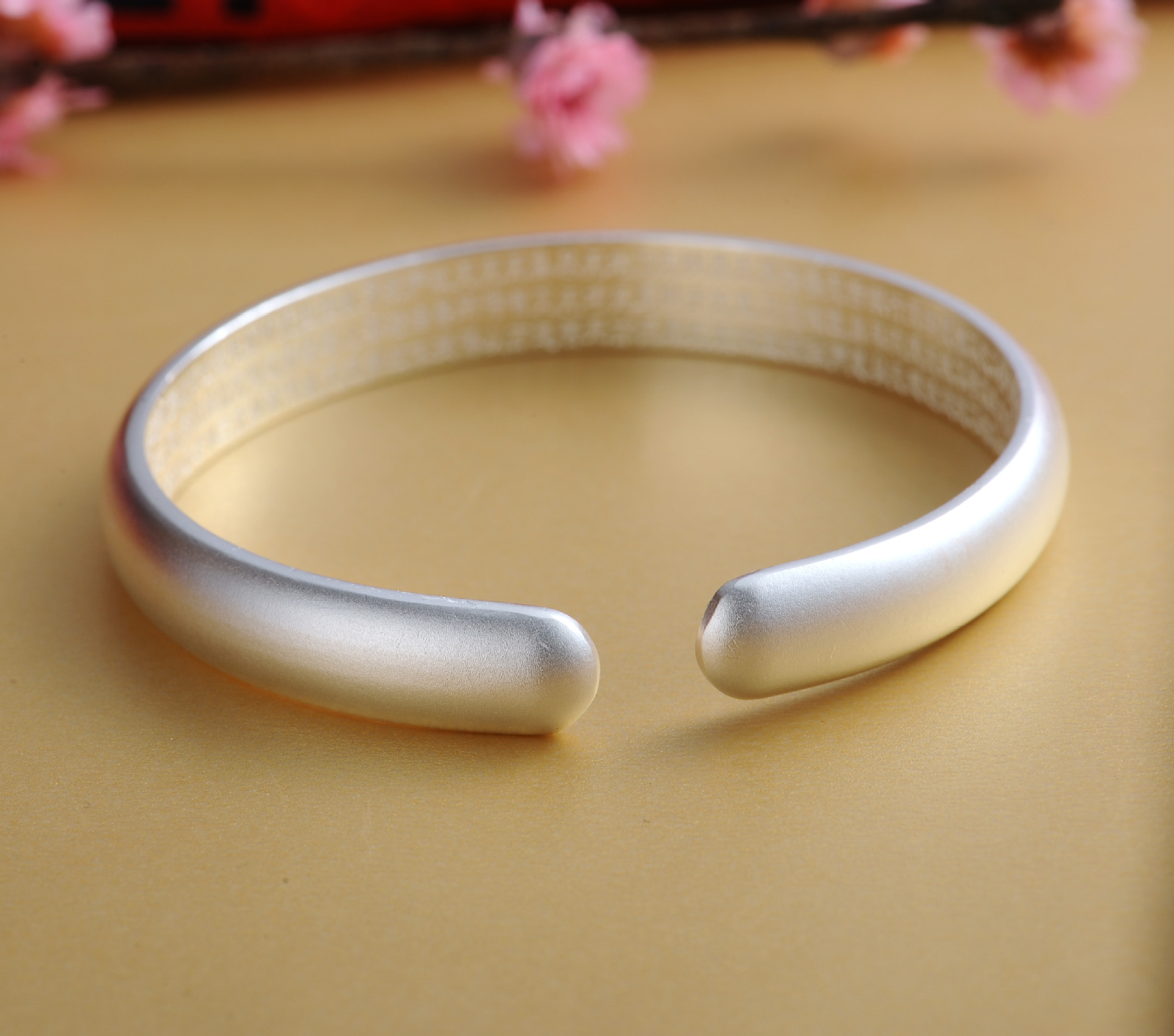 s9999纯银女银手镯磨砂光面开口心经手镯足银镯子礼物
