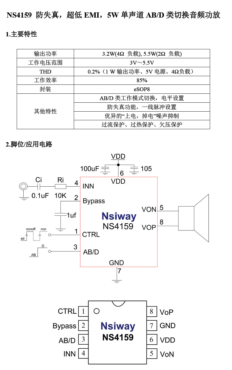 8 一款ab/d类双模,防失真,5.5w单声道音频功放