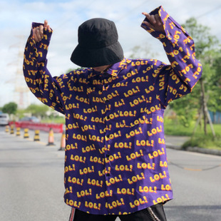 欧美风嘻哈hiphop男女字母涂鸦宽松长袖衬衫oversize开衫衬衣