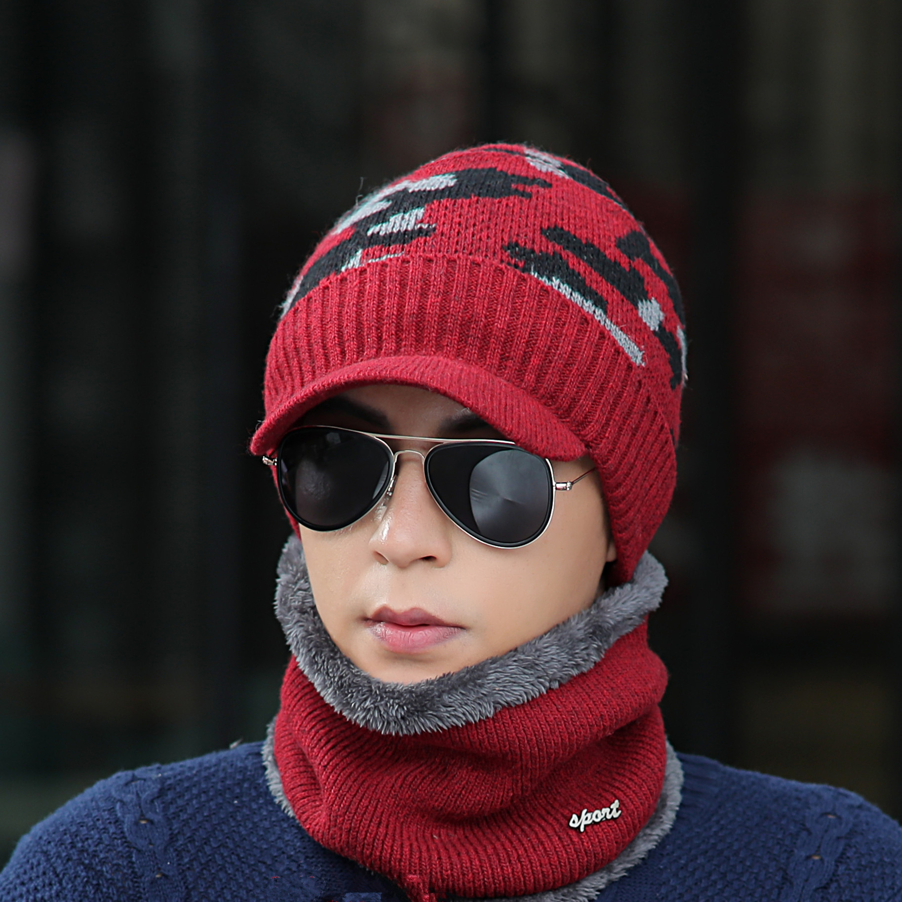 男士帽子秋冬加绒加围脖针织帽迷彩毛线帽鸭舌帽时尚加厚防寒套装