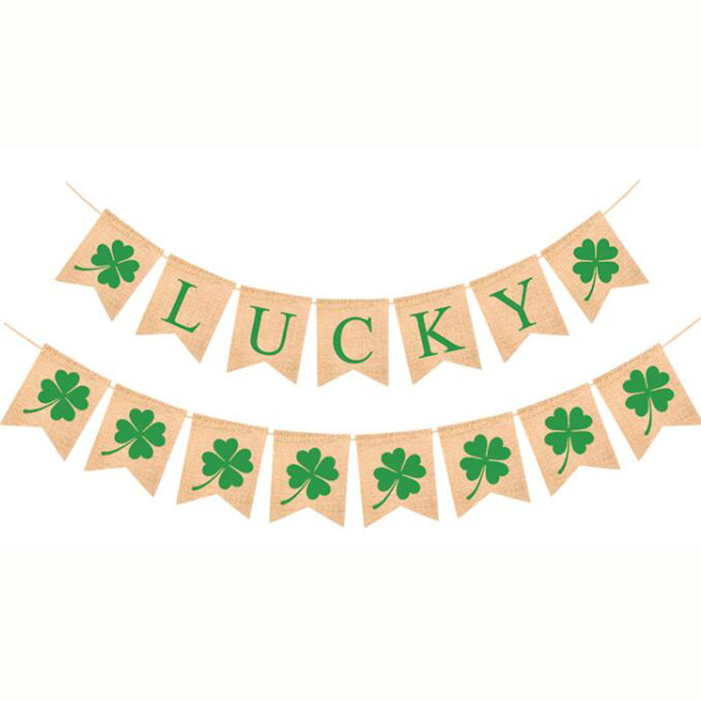 lucky幸运四叶草拉旗圣帕特里克爱尔兰节麻布拉旗派对装饰批发