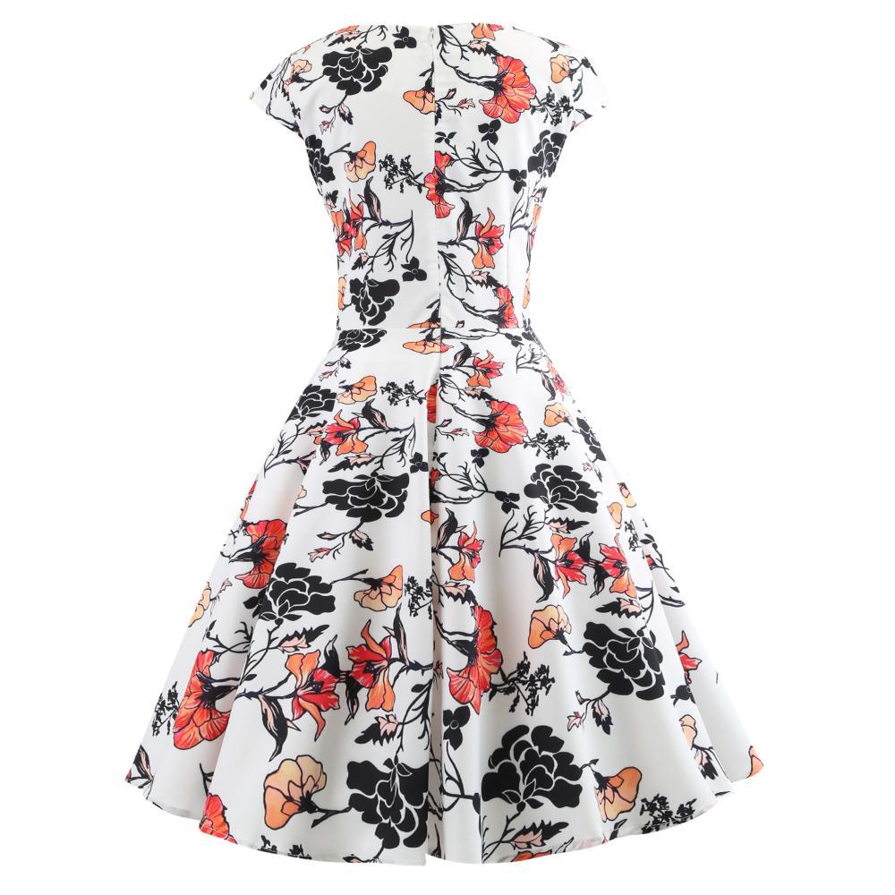 实拍wish亚马逊热卖女装 复古赫本风50sv领短袖大摆印花连衣裙