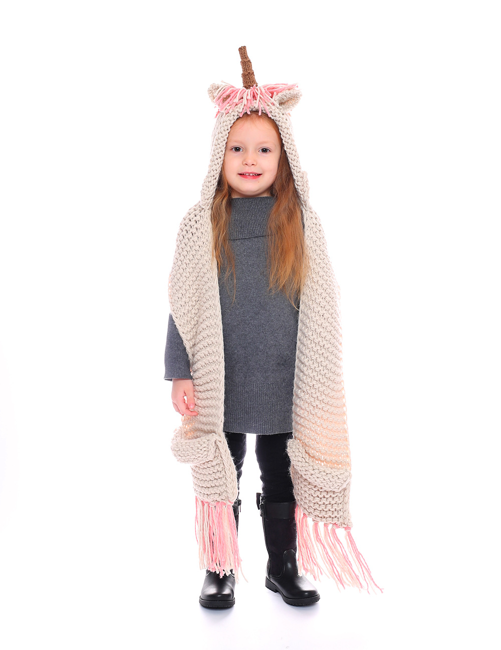 儿童帽卡通独角兽针织帽欧美宝宝毛线帽秋冬外贸保暖帽子围巾一体