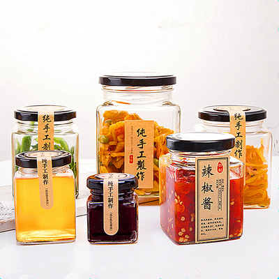批发四方酱菜瓶玻璃瓶带盖透明密封罐蜂蜜包装瓶辣椒牛肉酱罐头瓶