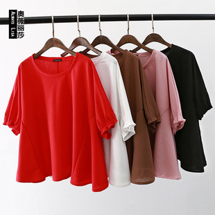 夏季新款韩版宽松收口袖大码肥款棉麻短袖圆领t恤休闲文艺上衣