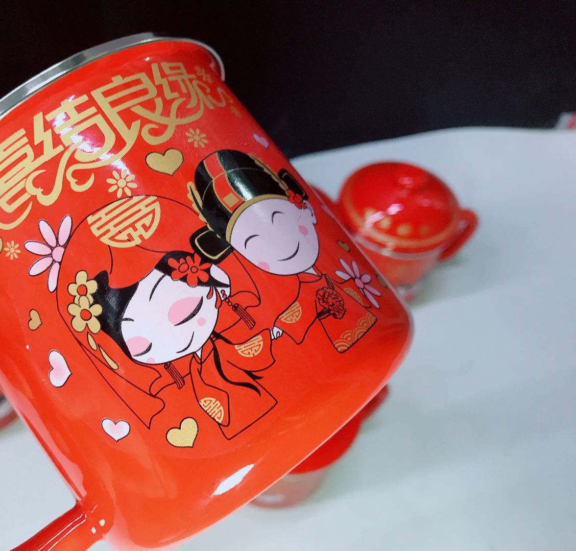 搪瓷包边喜庆大红盖杯喜结良缘搪瓷双喜杯 喜庆礼品搪瓷杯婚庆用