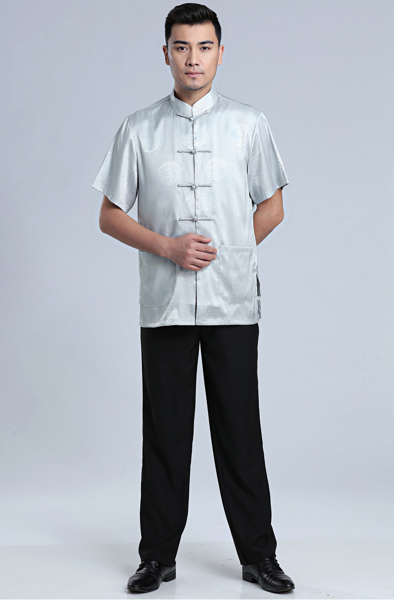 新款唐装男衬衫套装男士短袖夏季中老年太极服中国风男士晨练批发