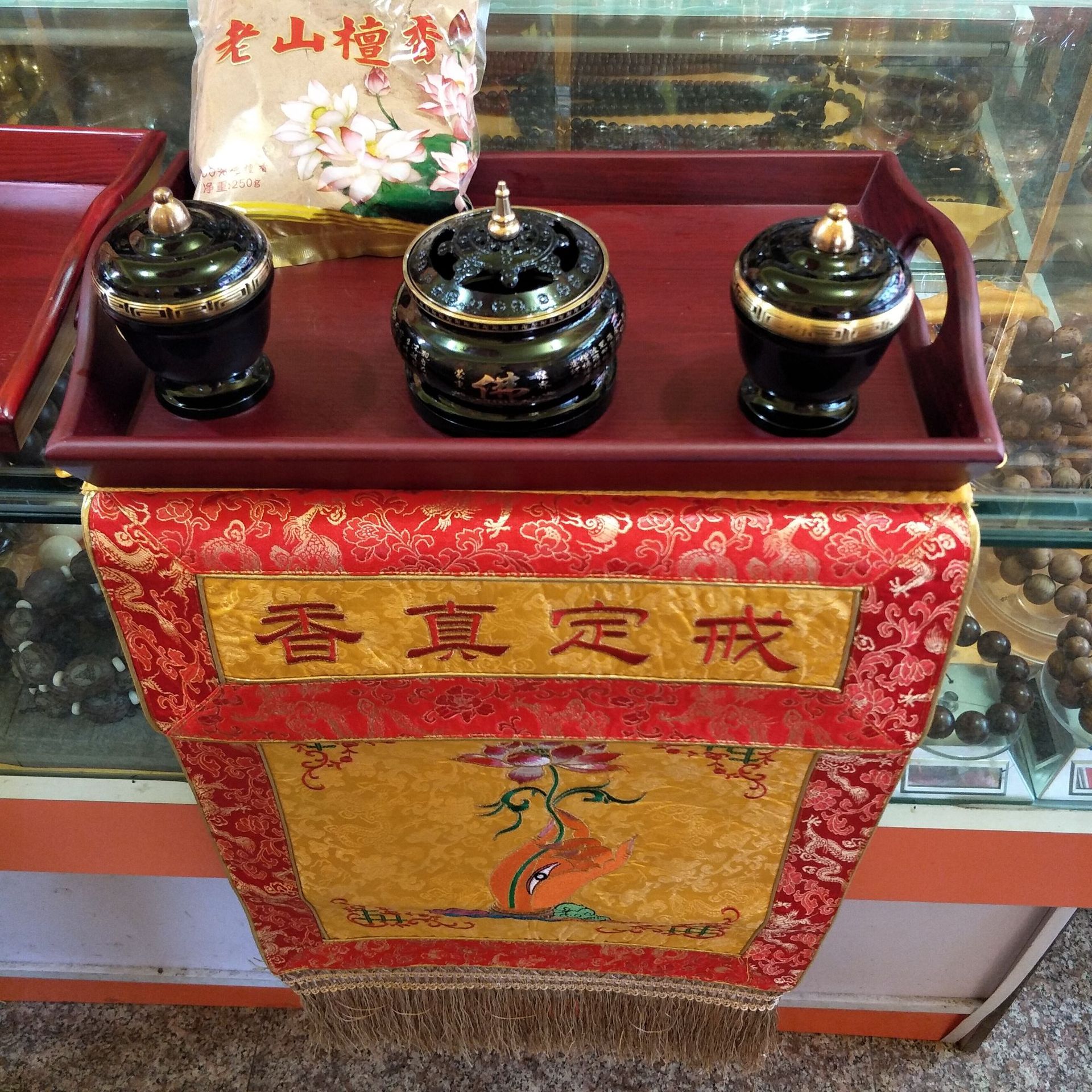 批发佛教用品戒定真香套装,香炉 粉盅托盘等多件套 佛堂装饰绣品