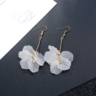 2018新款磨砂白花瓣花朵长耳环女流苏时尚个性水钻耳坠ins小饰品