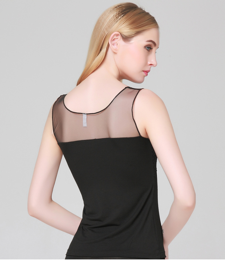 丽维蕾丝花边背心女夏季镂空透明宽肩带打底衫上衣修身有弹性4014