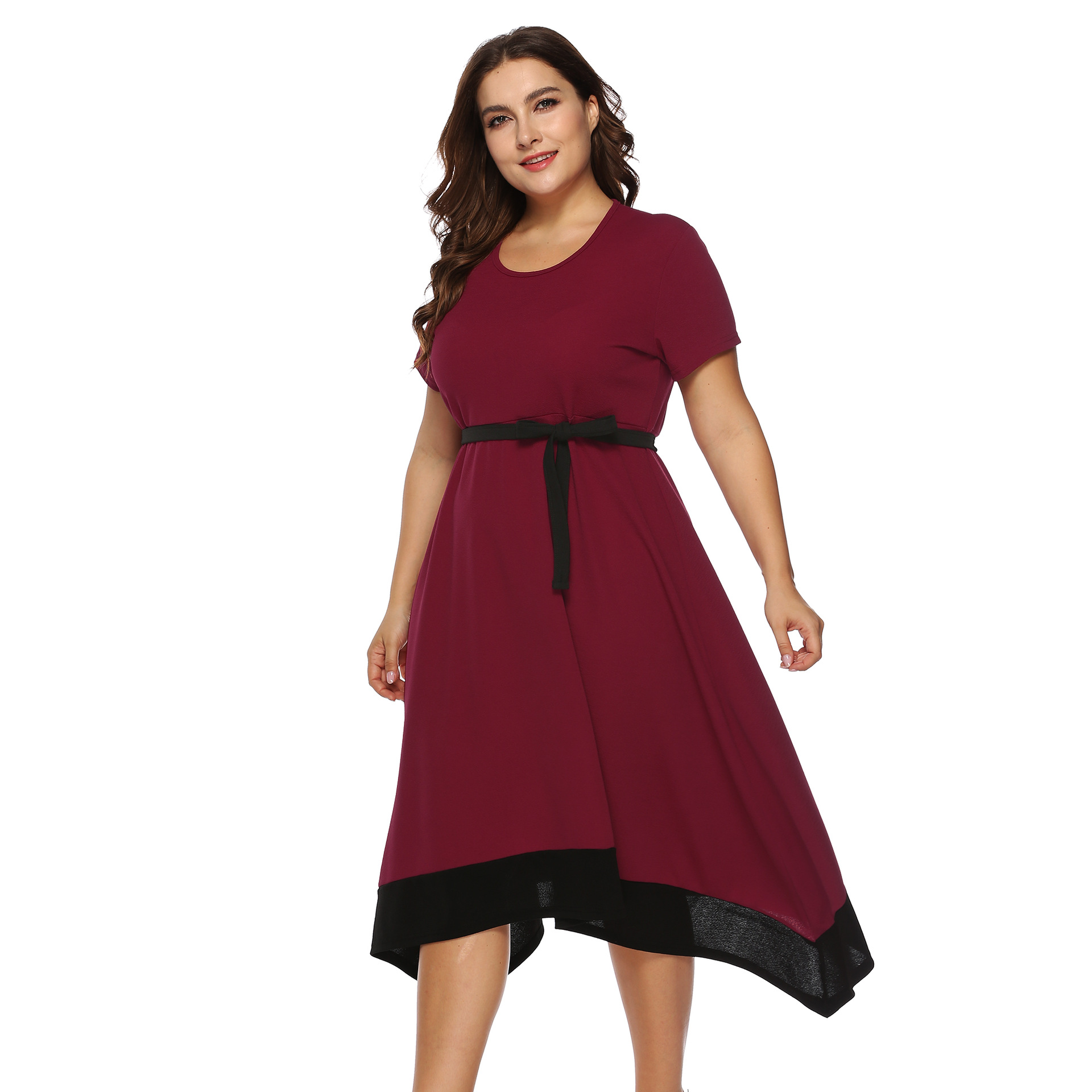 跨境欧美大码女装肥版短袖绑带蝴蝶结中长款拼接不规则大摆连衣裙