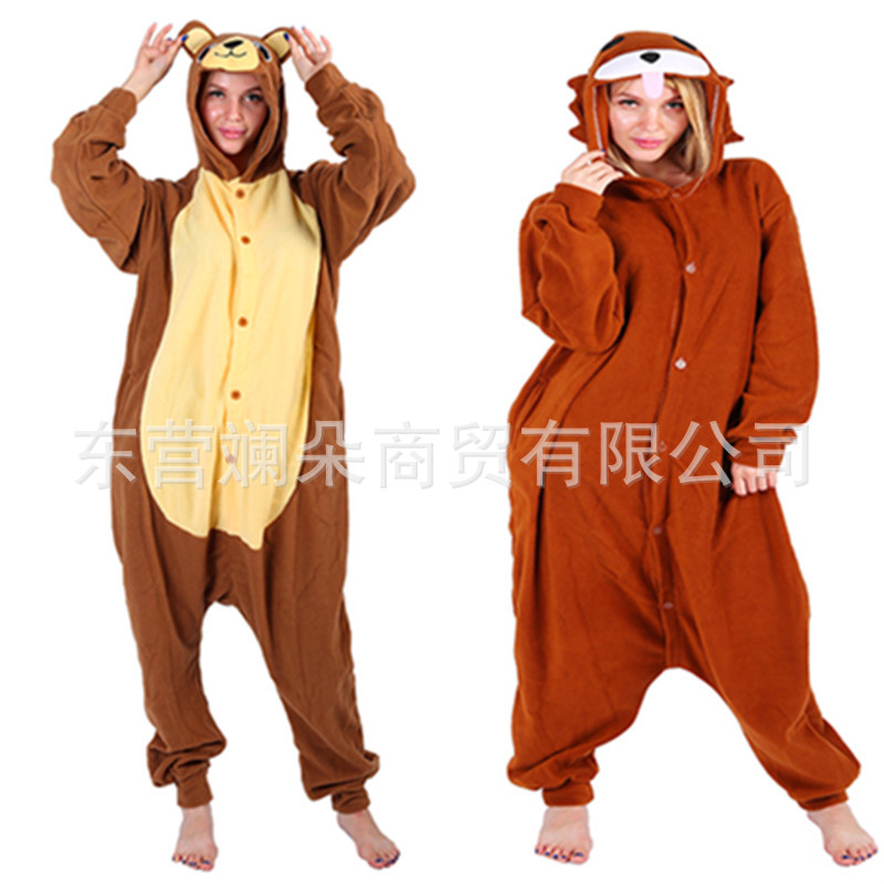 摇粒绒卡通动物棕熊连体卡通睡衣呆呆熊成人情侣居家服