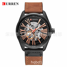 CURREN/卡瑞恩8299男士防水圆形机械表皮带手表 复古镂空皮带手表