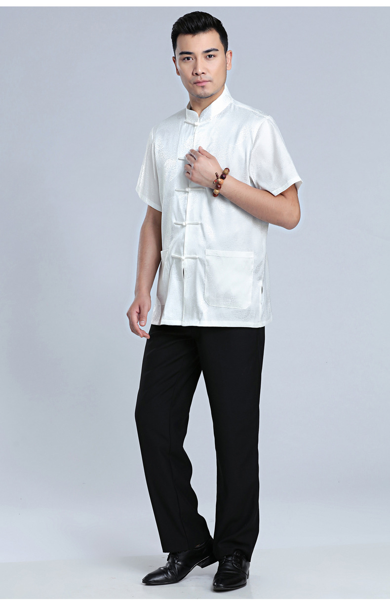 新款唐装男衬衫套装男士短袖夏季中老年太极服中国风男士晨练批发