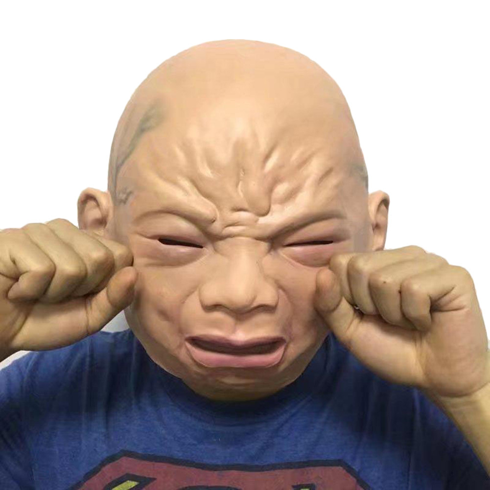 微笑哭泣婴儿面具全头哭脸娃面具头套万圣节派对鬼屋名人乳胶面