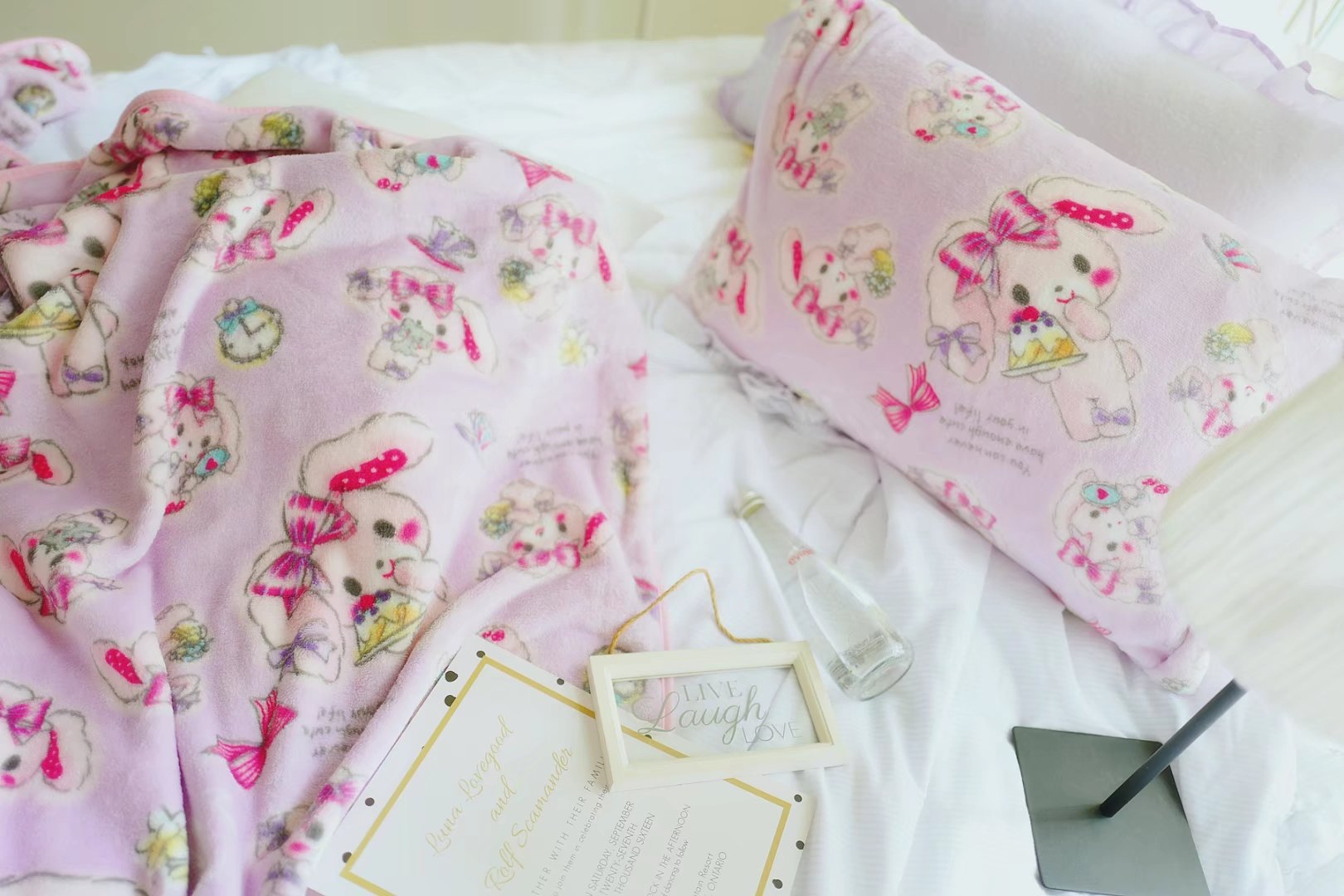 bonbonribbon 兔珊瑚绒毛毯法兰绒沙发盖毯礼物毛毯枕套