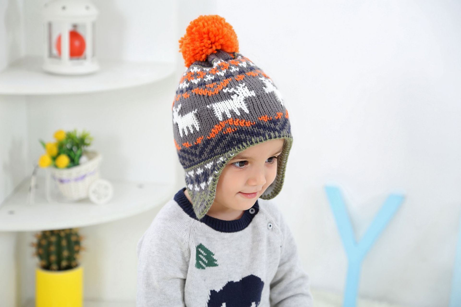 撞色小鹿提花男童针织帽儿童帽子儿童秋冬帽子加厚针织护耳保暖帽