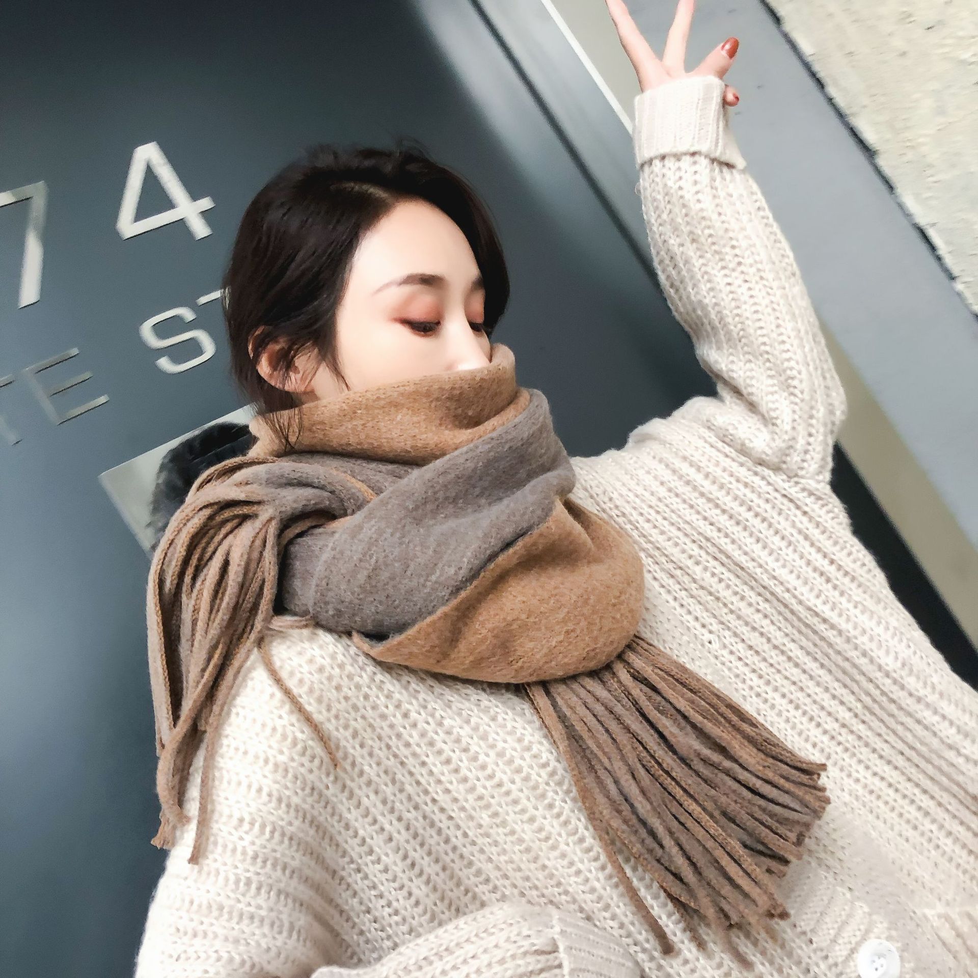 围巾女冬季保暖韩版双色拼接仿羊绒针织情侣围巾男女通用披肩