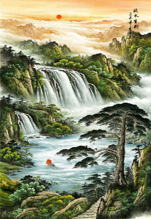 44-568 批发字画 迎客松国画 大瀑布山水 竖幅玄关高仿真画芯批发