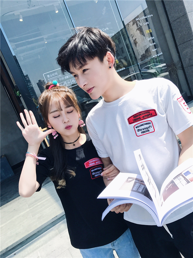 新款2018春夏季纯棉情侣男女装同款t恤短袖圆领原宿女生刺绣半袖