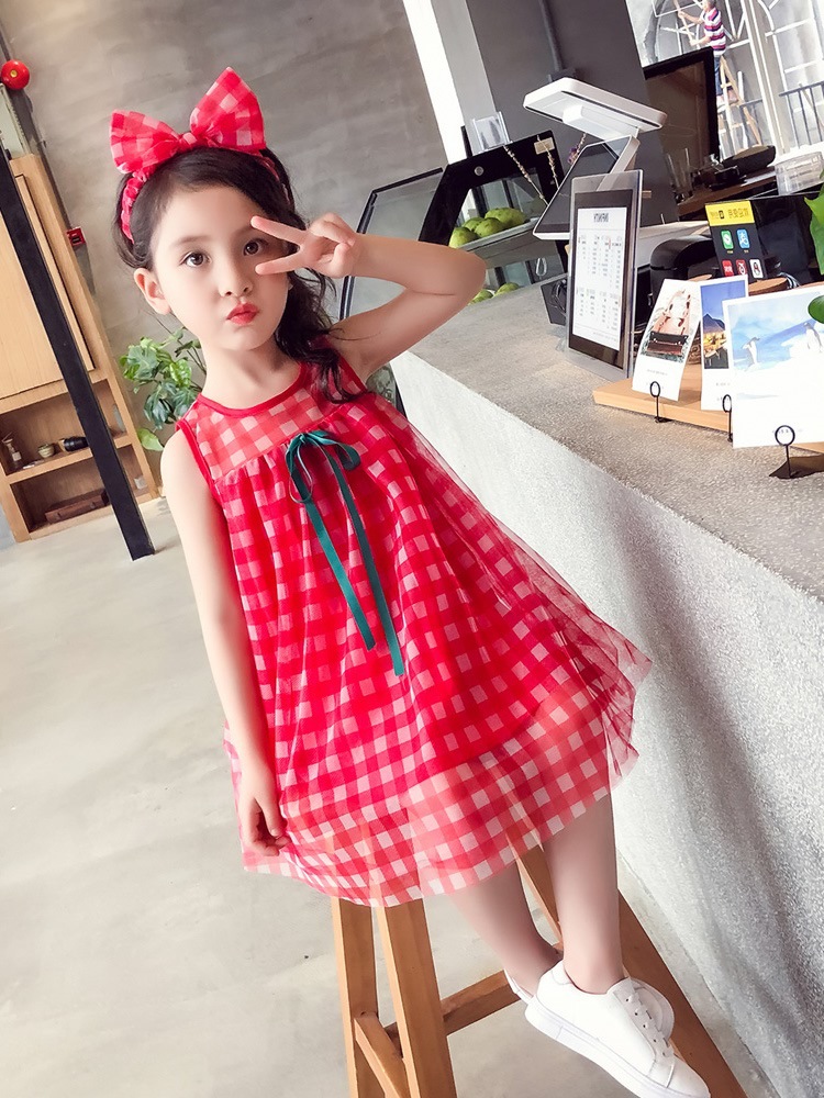 女童裙子格子发带连衣裙公主裙24夏装新款外贸童装一件代发3-8岁