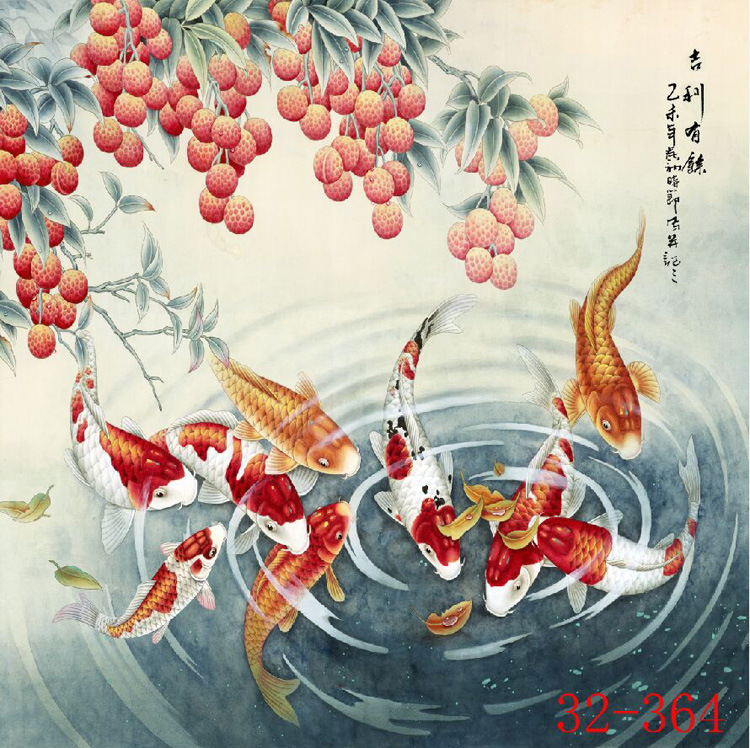 32-364国画字画 工笔九鱼图 荔枝鱼 喷绘 装饰画高仿真画芯批发