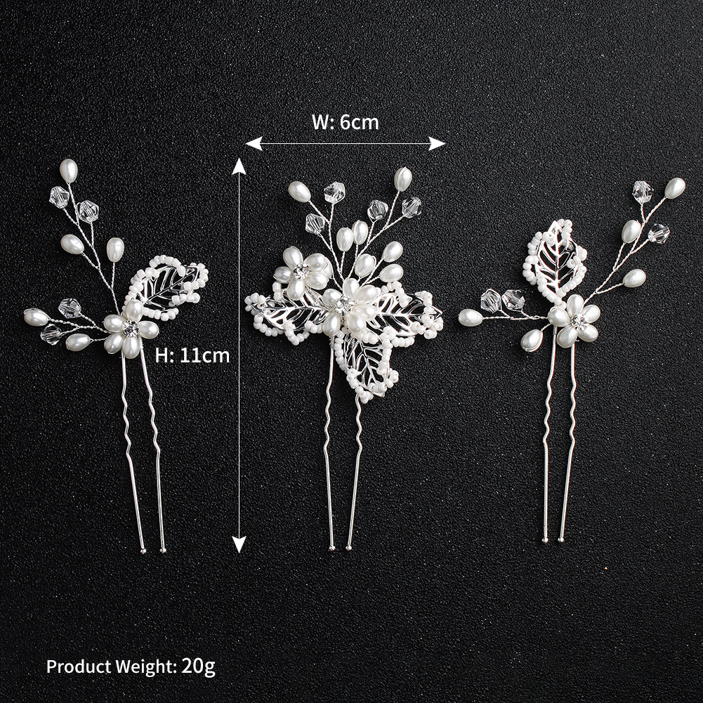 新款欧美新娘婚礼手工发簪 镂空金属叶子珍珠发叉 三支一套头饰套
