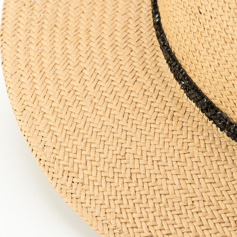 春夏欧美风格时尚简约黑钻链子装饰天然纸草平顶礼帽遮阳平顶草帽