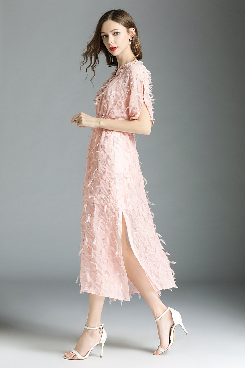 亚马逊爆款货源 欧美女装专供 2018夏季v领短袖粉色蕾丝连衣裙