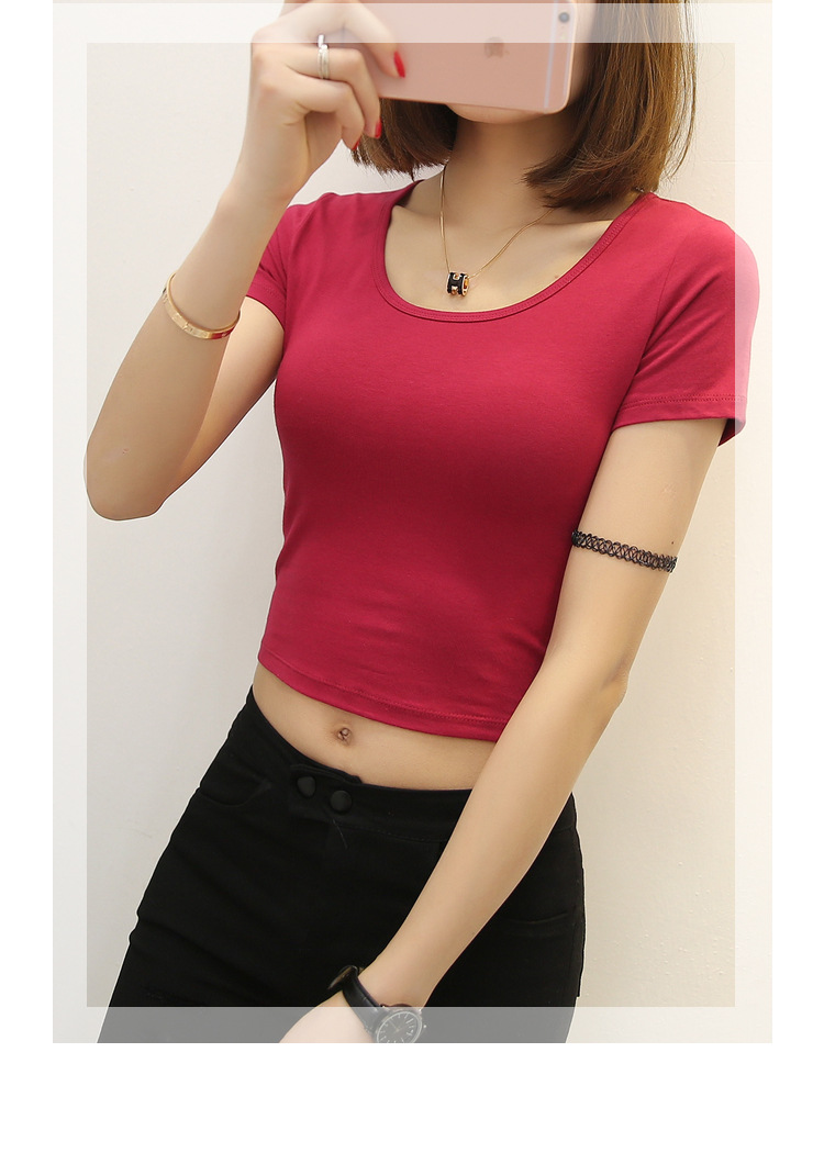 实拍2018上衣白色t恤女夏短款高腰紧身漏脐短装修身衣服露肚脐装