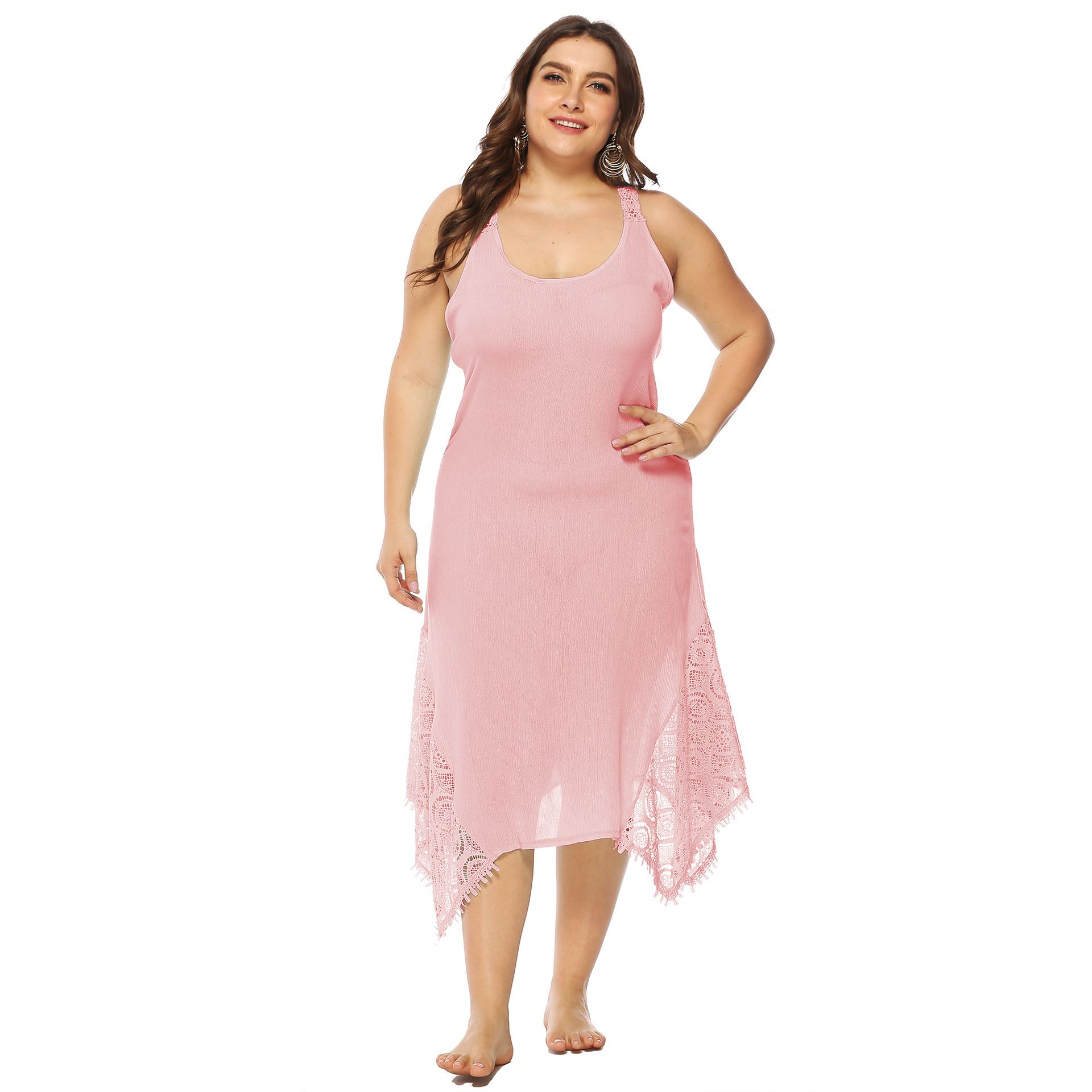 亚马逊大码女装 海边沙滩性感绑带露背蕾丝拼接吊带连衣裙1721