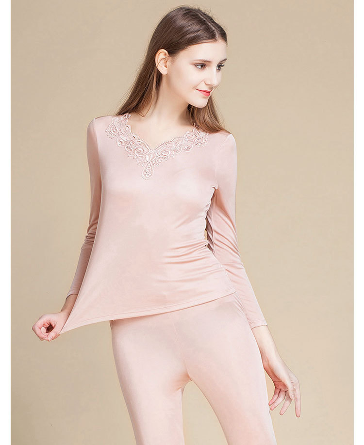 2017春季新品100%桑蚕丝真丝内衣套装 女士高档刺绣v领保暖内衣