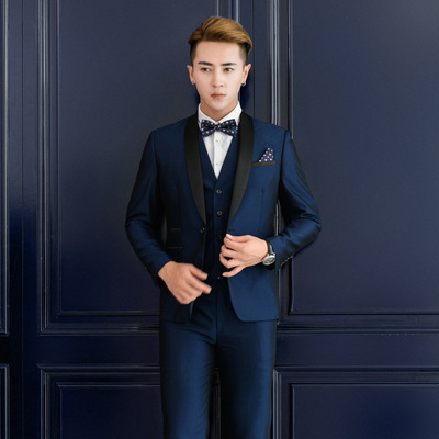 2018新款司仪主持新郎伴郎结婚礼服影楼西服套装男修身三件套