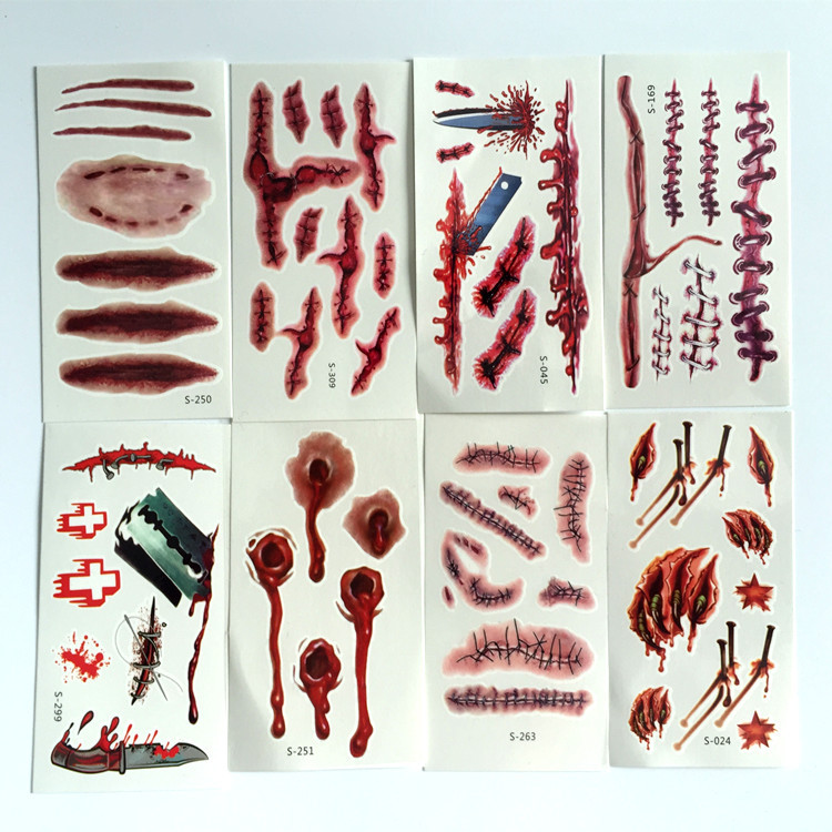 仿真恶作剧假伤口纹身贴纸缝针伤疤万圣节3d化妆防水男女纹身贴纸